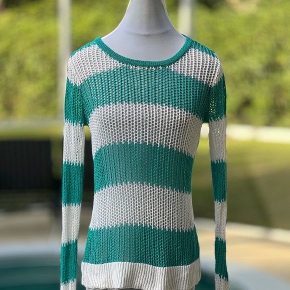 Tommy Bahama Cover Up Medium M White Green Stripe Knit Crochet - Picture 1 of 4